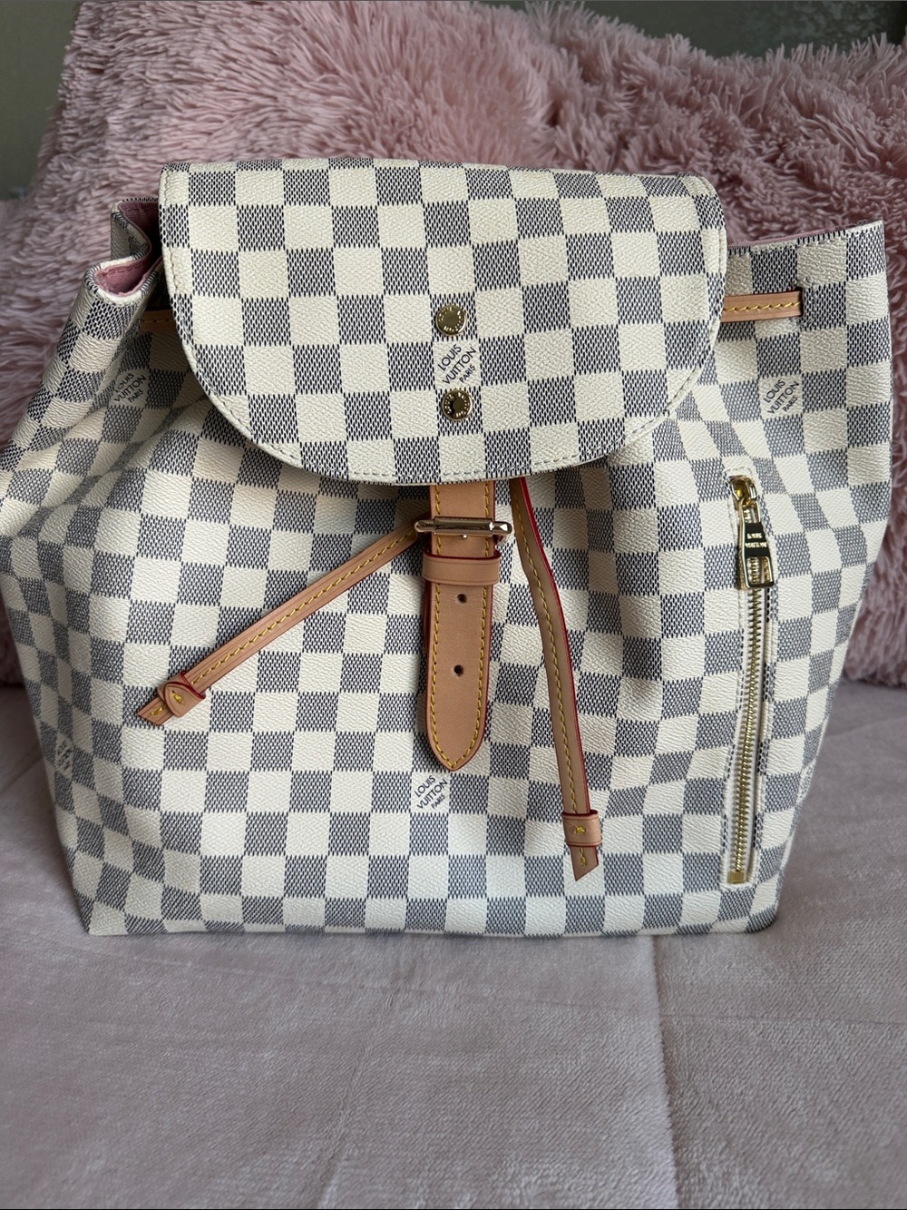 Designer-Inspired Women's Checker Canvas Backpack in Cream & Gray